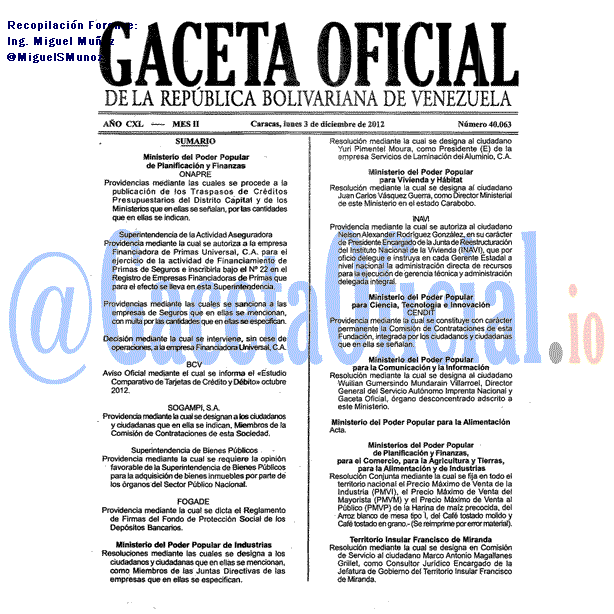 Gaceta Oficial 40063 del 3 Diciembre 2012