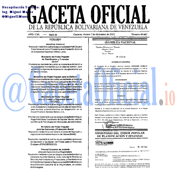 Gaceta Oficial 40067 del 7 Diciembre 2012