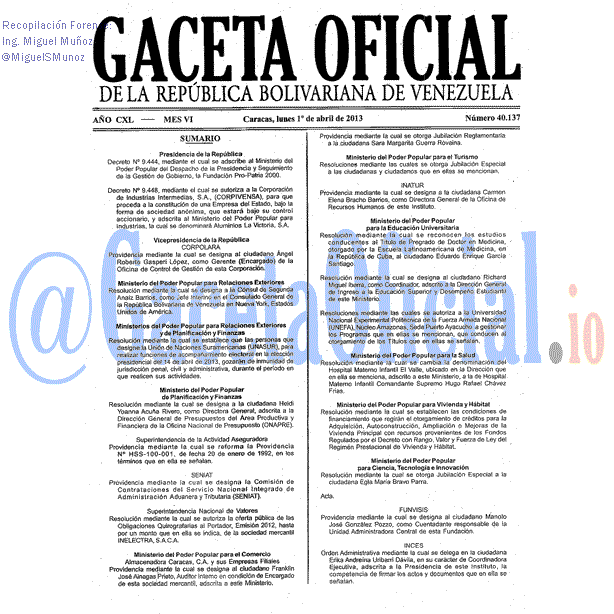 Gaceta Oficial 40137 del 1 Abril 2013
