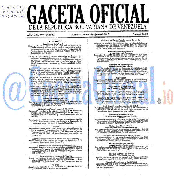 Gaceta Oficial 40195 del 25 Junio 2013