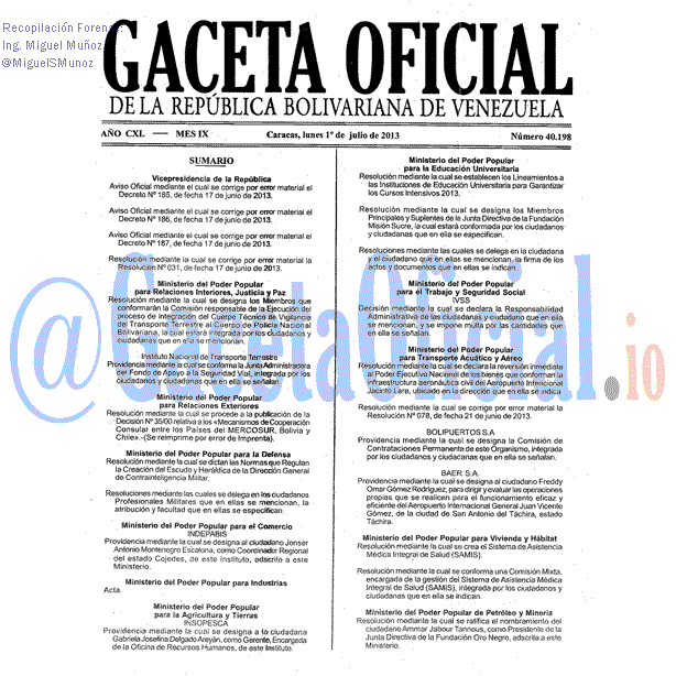 Gaceta Oficial 40198 del 1 Julio 2013