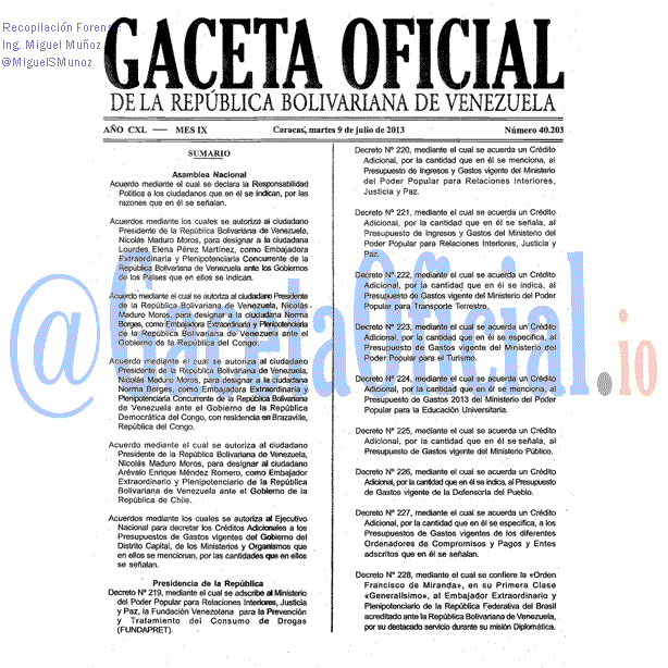 Gaceta Oficial 40203 del 9 Julio 2013