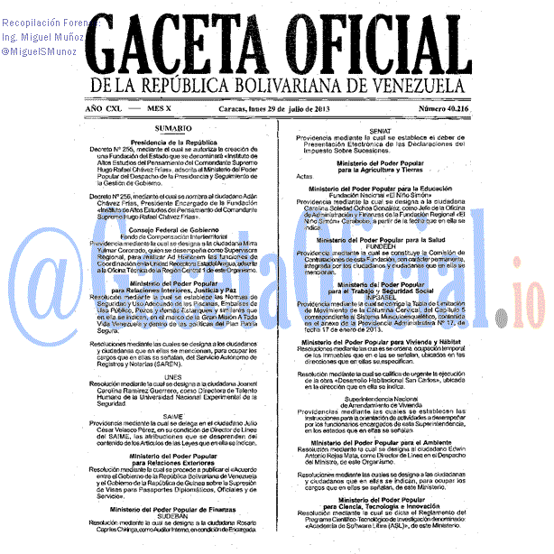Gaceta Oficial 40216 del 29 Julio 2013