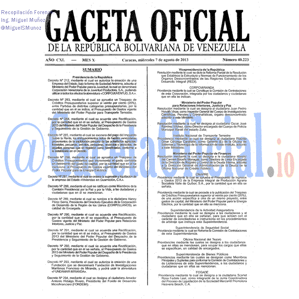 Gaceta Oficial 40223 del 7 Agosto 2013