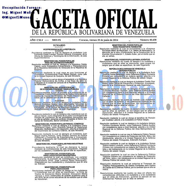 Gaceta Oficial 40438 del 20 Junio 2014 Gaceta Oficial 40438 del 20 Junio 2014