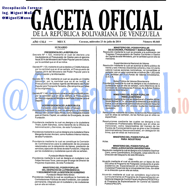 Gaceta Oficial 40460 del 23 Julio 2014