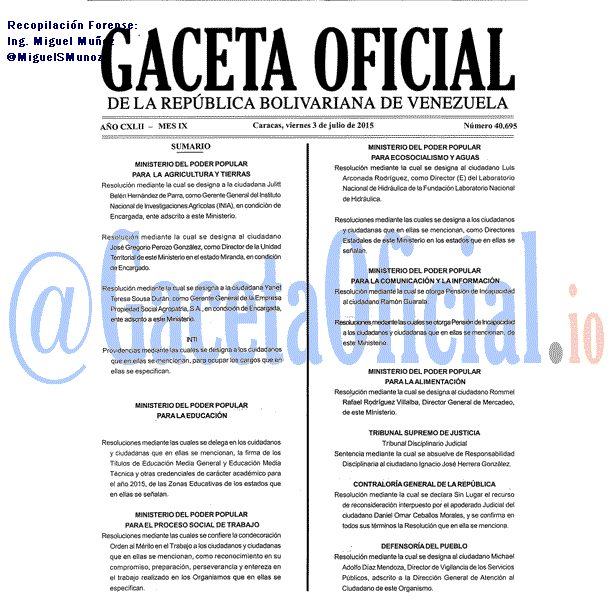 Gaceta Oficial 40695 del 3 julio 2015