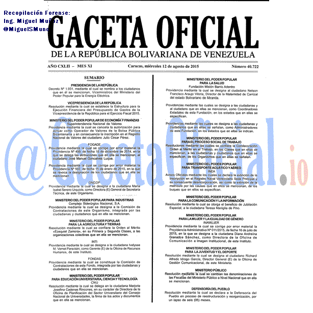 Gaceta Oficial 40722 del 12 agosto 2015
