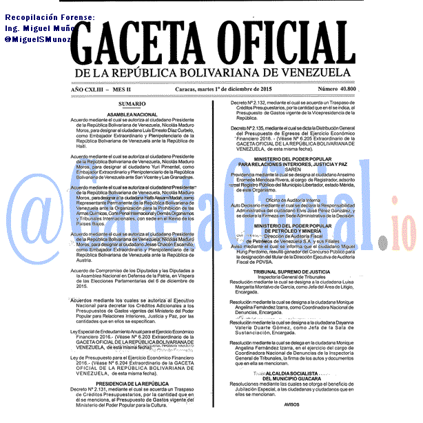 Gaceta Oficial 40800 del 1 diciembre 2015