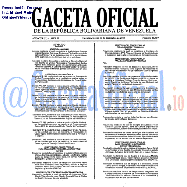 Gaceta Oficial 40807 del 10 diciembre 2015