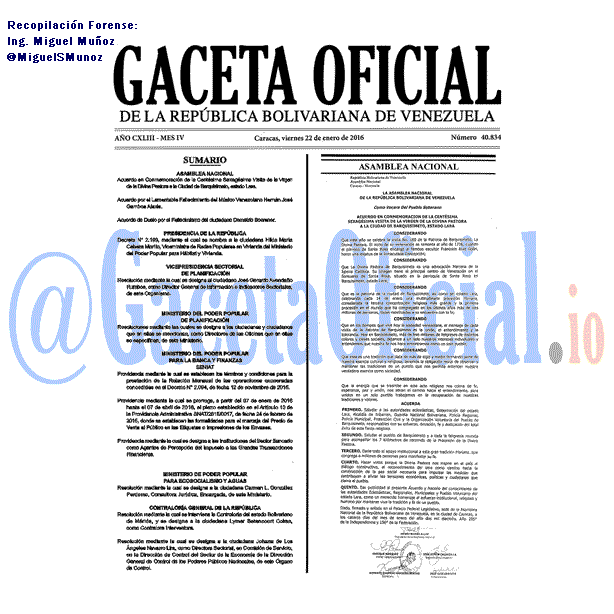 Gaceta Oficial 40834 del 22 enero 2016