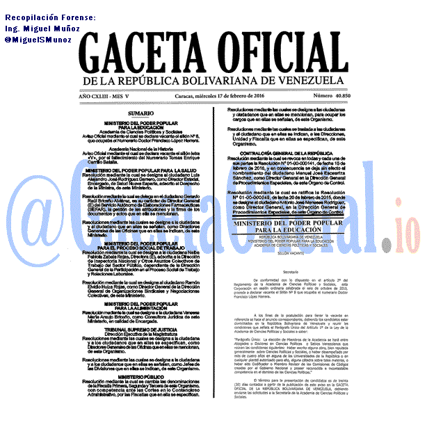 Gaceta Oficial 40850 del 17 febrero 2016