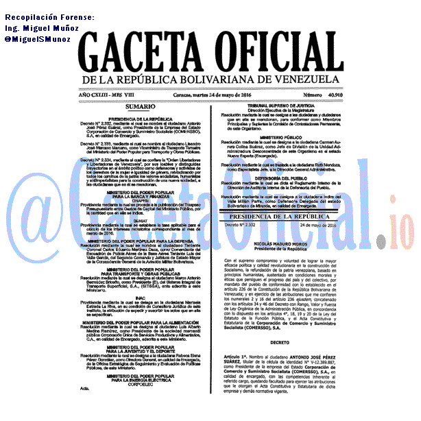 Gaceta Oficial 40910 del 24 mayo 2016