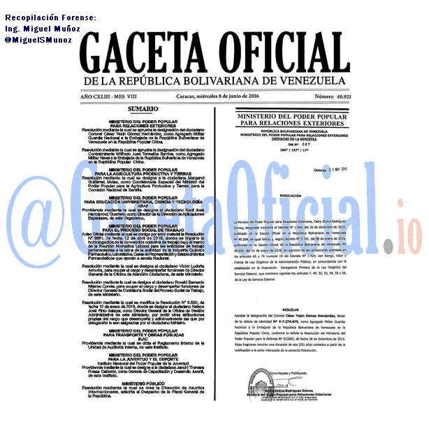 Gaceta Oficial 40921 del 8 junio 2016