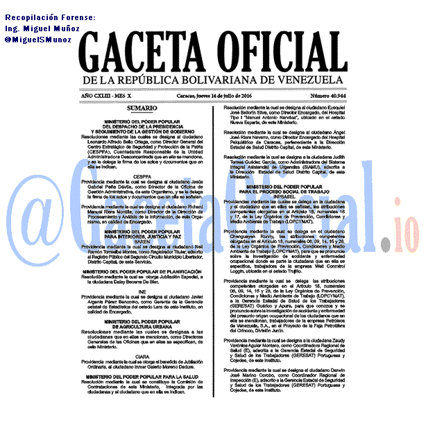 Gaceta Oficial 40944 del 14 julio 2016