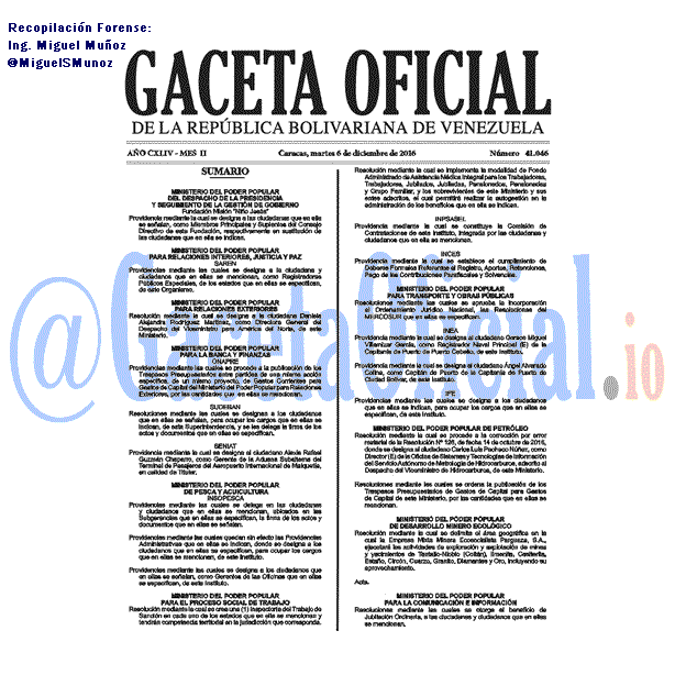 Gaceta Oficial 41046 del 6 diciembre 2016 Gaceta Oficial 41046 del 6 diciembre 2016