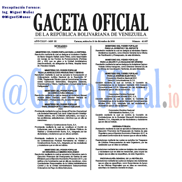 Gaceta Oficial 41057 del 21 diciembre 2016 Gaceta Oficial 41057 del 21 diciembre 2016