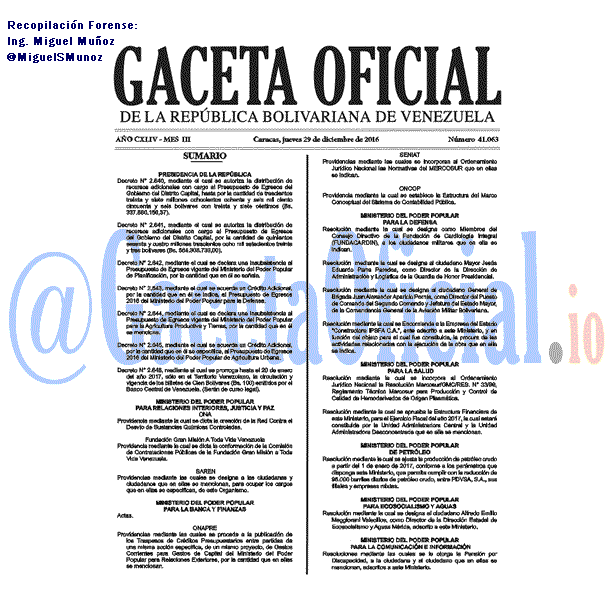 Gaceta Oficial 41063 del 29 diciembre 2016 Gaceta Oficial 41063 del 29 diciembre 2016