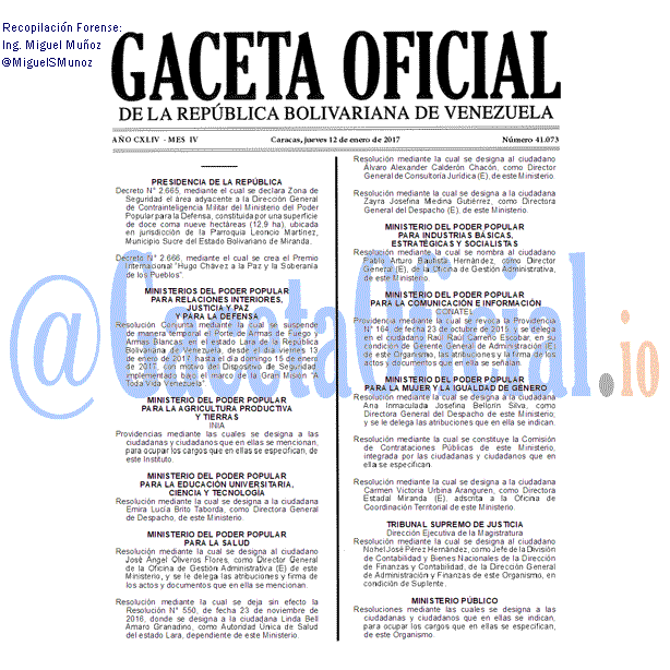 Gaceta Oficial 41073 del 12 enero 2017 Gaceta Oficial 41073 del 12 enero 2017
