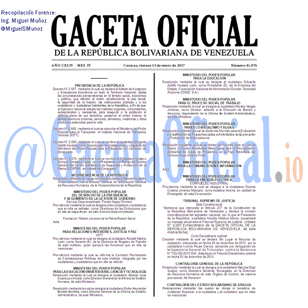 Gaceta Oficial 41074 del 13 enero 2017 Gaceta Oficial 41074 del 13 enero 2017