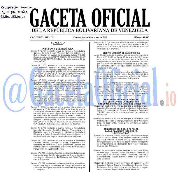 Gaceta Oficial 41085 del 30 enero 2017