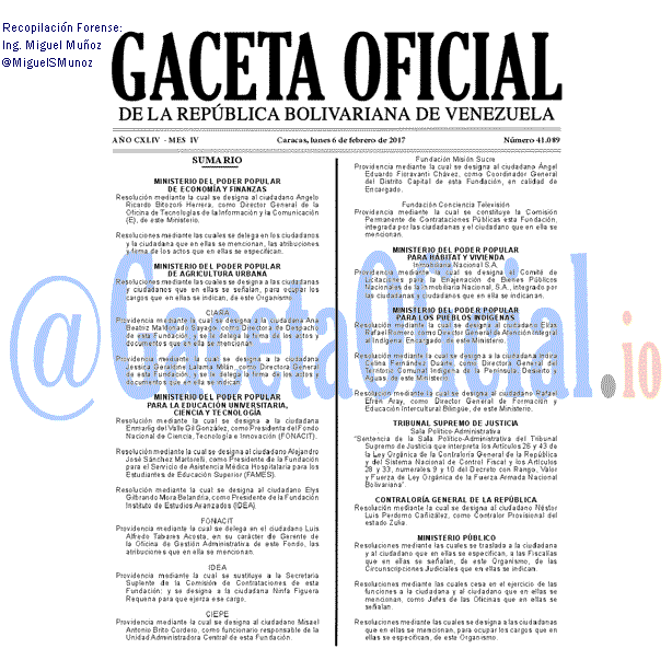 Gaceta Oficial 41089 del 6 febrero 2017 Gaceta Oficial 41089 del 6 febrero 2017
