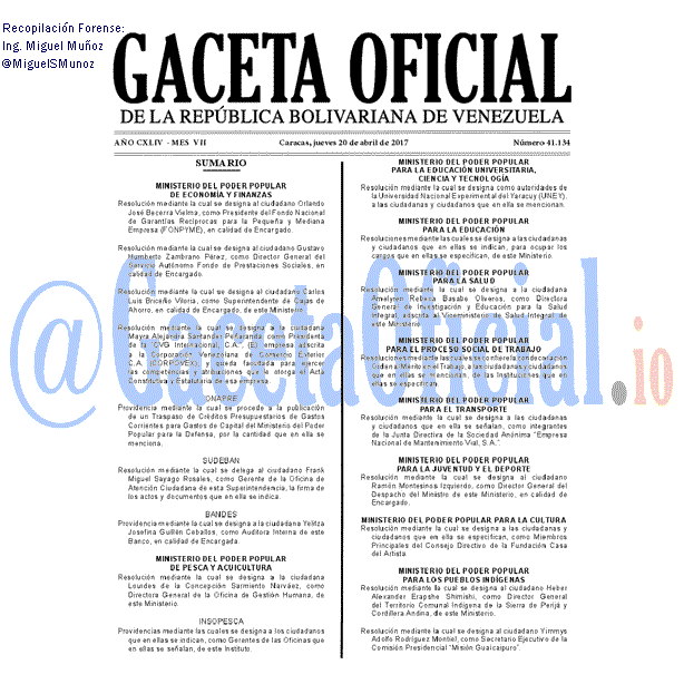 Gaceta Oficial 41134 del 20 abril 2017 Gaceta Oficial 41134 del 20 abril 2017