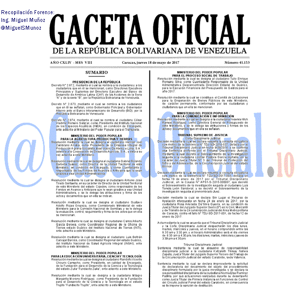 Gaceta Oficial 41153 del 18 mayo 2017 Gaceta Oficial 41153 del 18 mayo 2017