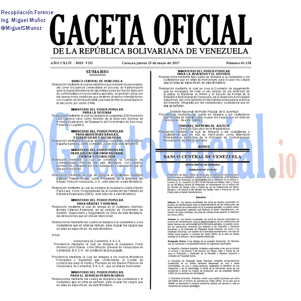 Gaceta Oficial 41158 del 25 mayo 2017