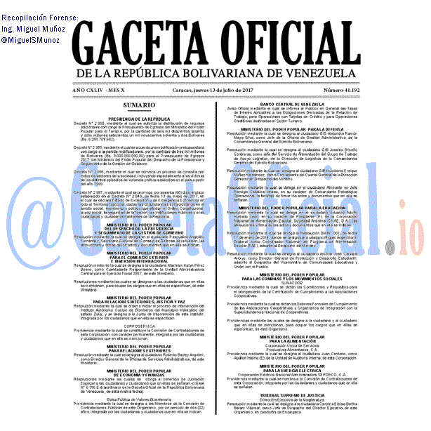 Gaceta Oficial 41192 del 13 julio 2017 Gaceta Oficial 41192 del 13 julio 2017