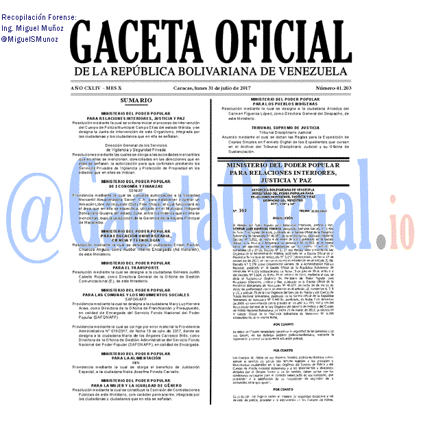 Gaceta Oficial 41203 del 31 julio 2017 Gaceta Oficial 41203 del 31 julio 2017