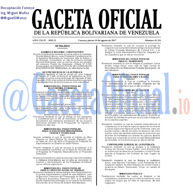 Gaceta Oficial 41211 del 10 agosto 2017 Gaceta Oficial 41211 del 10 agosto 2017
