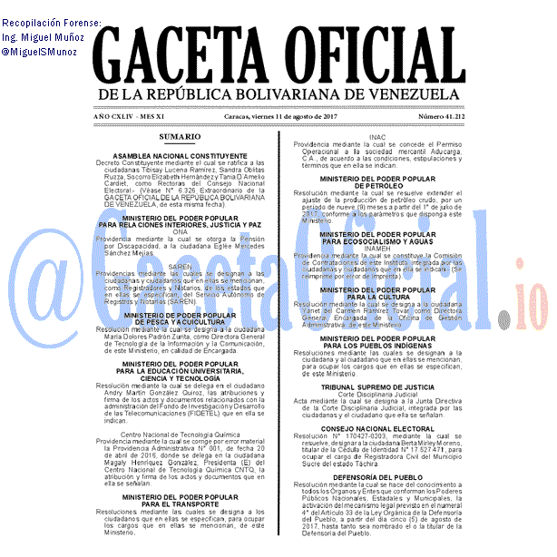 Gaceta Oficial 41212 del 11 agosto 2017 Gaceta Oficial 41212 del 11 agosto 2017