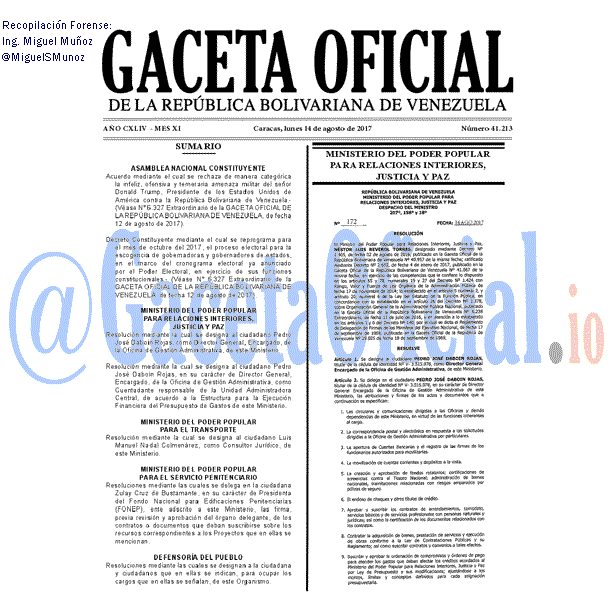 Gaceta Oficial 41213 del 14 agosto 2017 Gaceta Oficial 41213 del 14 agosto 2017