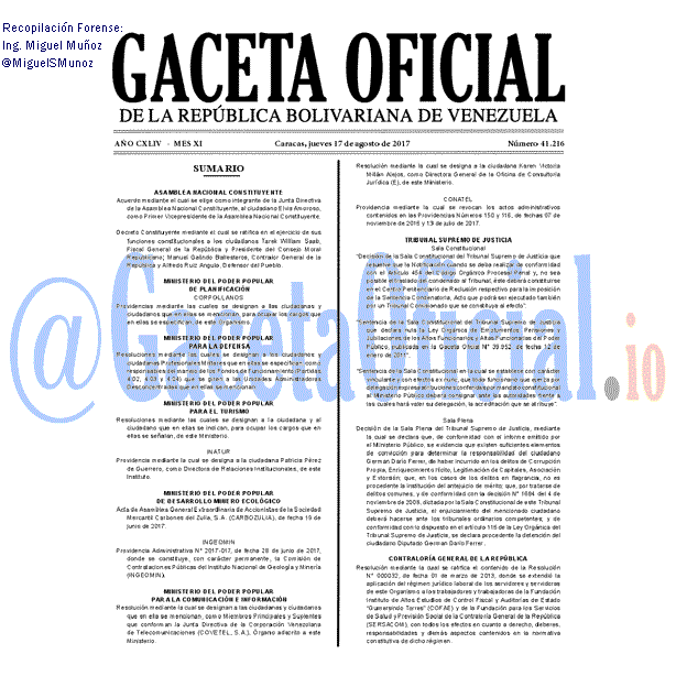 Gaceta Oficial 41216 del 17 agosto 2017