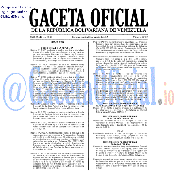 Gaceta Oficial 41219 del 22 agosto 2017 Gaceta Oficial 41219 del 22 agosto 2017
