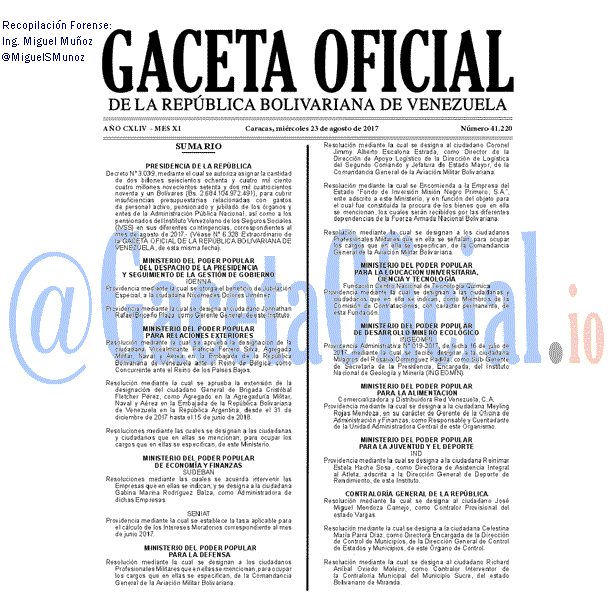 Gaceta Oficial 41220 del 23 agosto 2017 Gaceta Oficial 41220 del 23 agosto 2017
