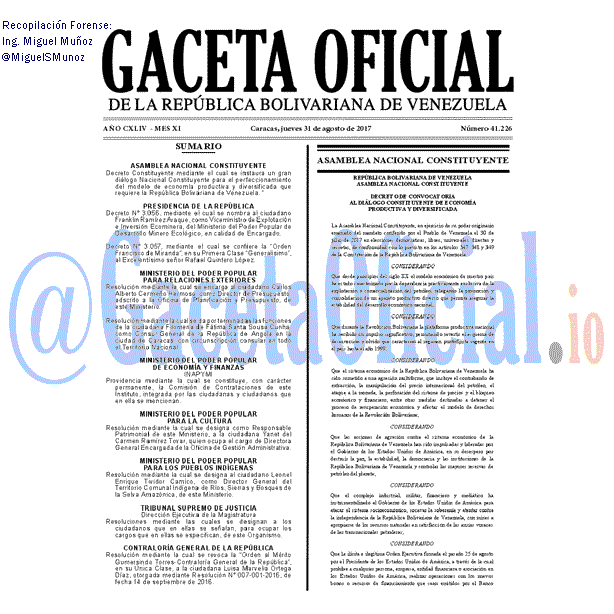 Gaceta Oficial 41226 del 31 agosto 2017 Gaceta Oficial 41226 del 31 agosto 2017