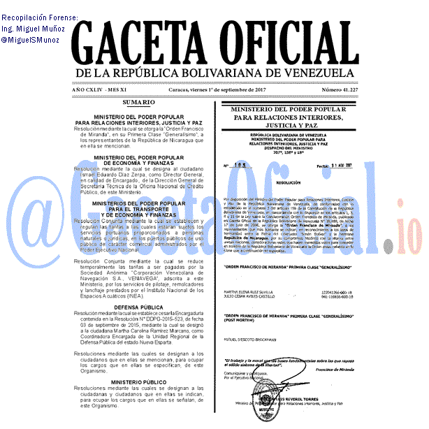 Gaceta Oficial 41227 del 1 septiembre 2017 Gaceta Oficial 41227 del 1 septiembre 2017