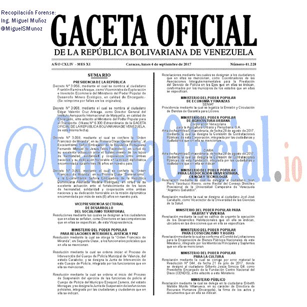Gaceta Oficial 41228 del 4 septiembre 2017 Gaceta Oficial 41228 del 4 septiembre 2017