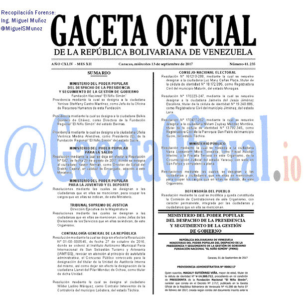 Gaceta Oficial 41235 del 13 septiembre 2017 Gaceta Oficial 41235 del 13 septiembre 2017