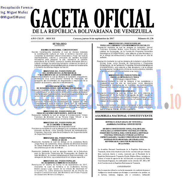 Gaceta Oficial 41236 del 14 septiembre 2017 Gaceta Oficial 41236 del 14 septiembre 2017