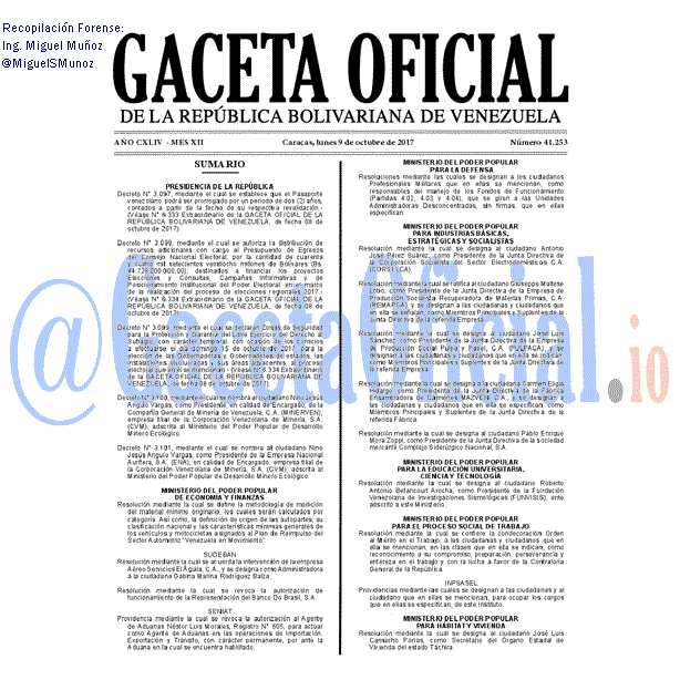 Gaceta Oficial 41253 del 9 octubre 2017 Gaceta Oficial 41253 del 9 octubre 2017