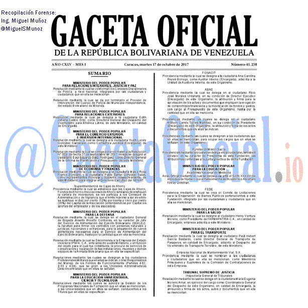 Gaceta Oficial 41258 del 16 octubre 2017 Gaceta Oficial 41258 del 16 octubre 2017