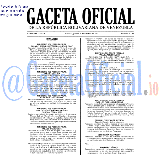 Gaceta Oficial 41260 del 19 octubre 2017 Gaceta Oficial 41260 del 19 octubre 2017