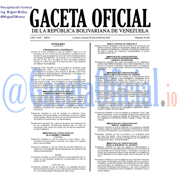 Gaceta Oficial 41261 del 20 octubre 2017 Gaceta Oficial 41261 del 20 octubre 2017