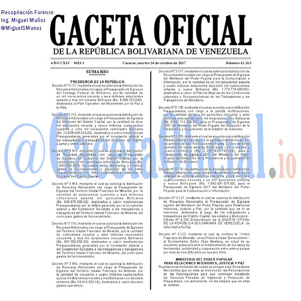 Gaceta Oficial 41263 del 24 octubre 2017 Gaceta Oficial 41263 del 24 octubre 2017