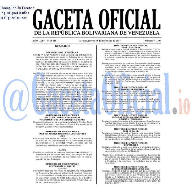 Gaceta Oficial 41309 del 28 diciembre 2017 Gaceta Oficial 41309 del 28 diciembre 2017
