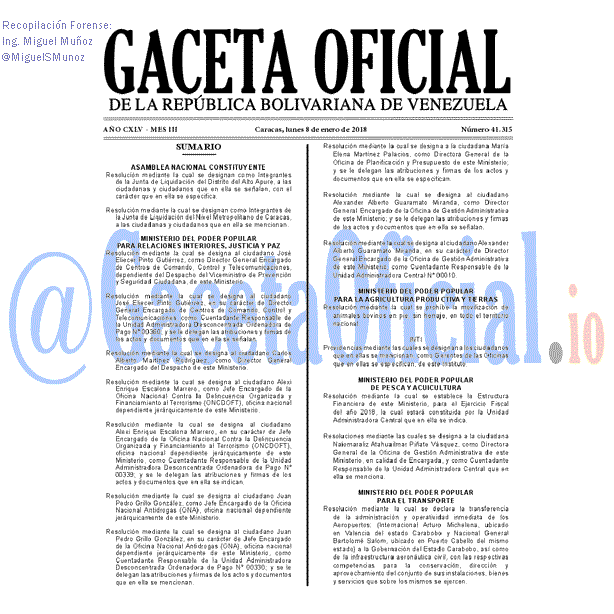 Gaceta Oficial 41315 del 8 enero 2018
