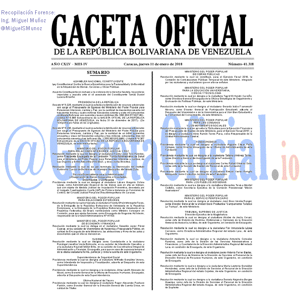 Gaceta Oficial 41318 del 11 enero 2018 Gaceta Oficial 41318 del 11 enero 2018